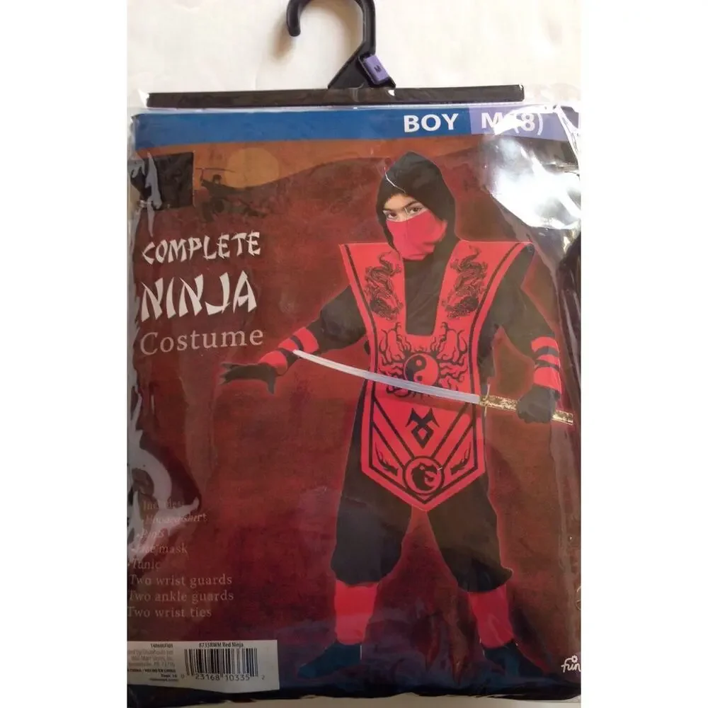 NEW Fun World Boy's Black Red Complete Ninja Halloween Costume Medium 8